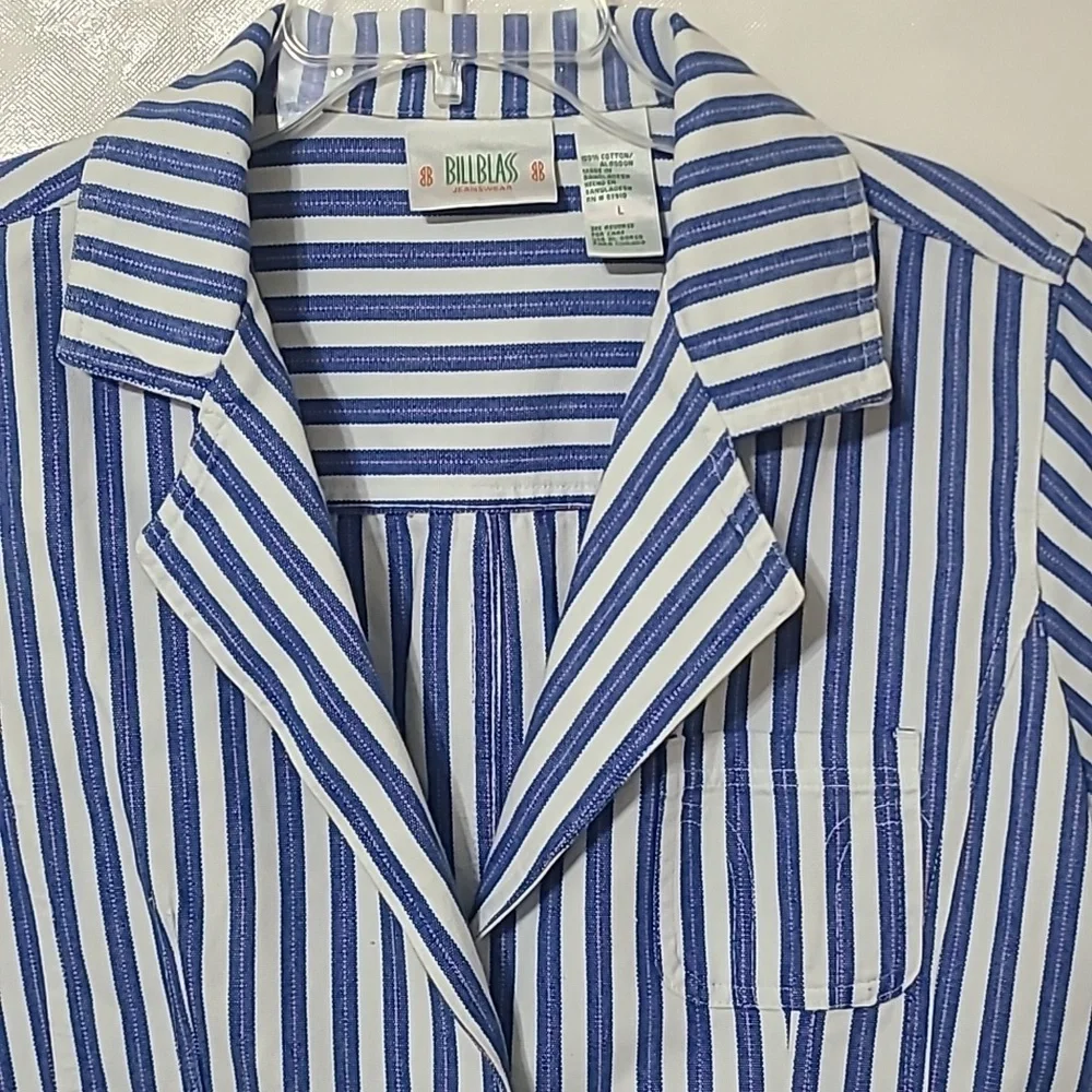 Bill‎ Blass Navy and White Striped 100% Cotton Blazer Jacket - Size Large